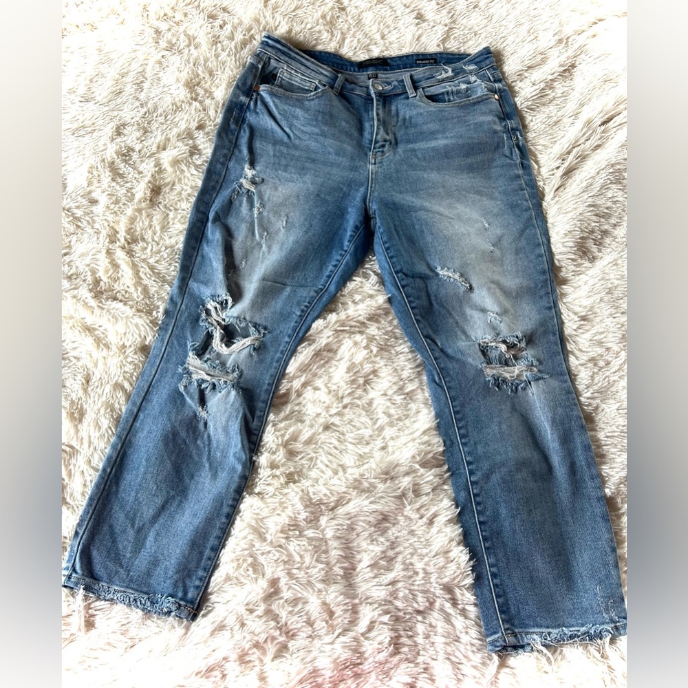 Judy Blue Distressed Straight Leg Jeans - Medium Blue